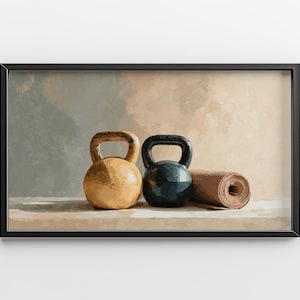 Rustic Still Life Kettlebell Art for Frame TV, Earthy Workout Wall Decor, Vintage Gym Art, Fitness Room TV Art, Digital Download 75 image 8