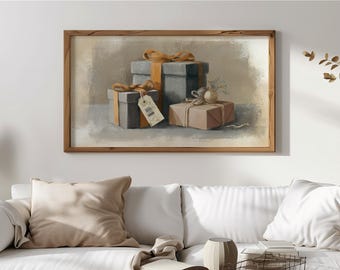 Cuadro de regalo vintage para TV, decoración rústica navideña para TV, regalos navideños envueltos, descarga digital 126