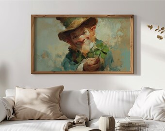 Cuadro rústico de duendecillo para enmarcar, decoración de TV, decoración popular irlandesa, arte del Día de San Patricio, decoración de pared de duendecillo sonriente (120)