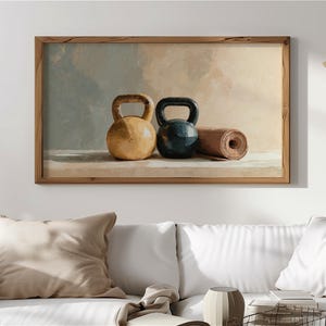 Rustic Still Life Kettlebell Art for Frame TV, Earthy Workout Wall Decor, Vintage Gym Art, Fitness Room TV Art, Digital Download 75 image 1