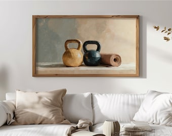 Arte rústico de bodegón con pesas rusas para TV, decoración de pared con estilo rústico para hacer ejercicio, arte vintage para gimnasio, arte para TV en sala de fitness, descarga digital 75