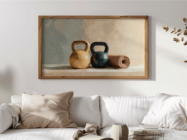 Rustic Still Life Kettlebell Art for Frame TV, Earthy Workout Wall Decor, Vintage Gym Art, Fitness Room TV Art, Digital Download 75 image 1