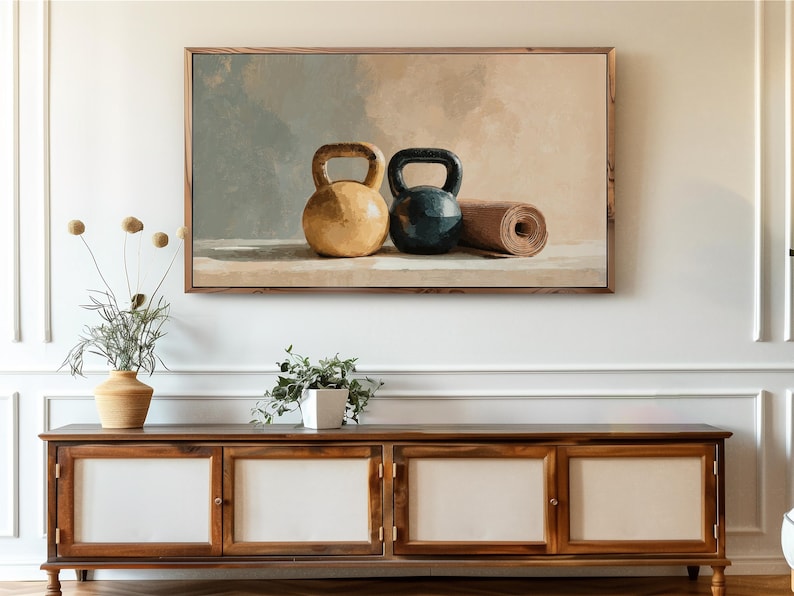 Rustic Still Life Kettlebell Art for Frame TV, Earthy Workout Wall Decor, Vintage Gym Art, Fitness Room TV Art, Digital Download 75 image 6
