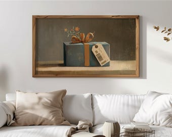 Caja de regalo vintage para TV Samsung, decoración rústica de mesa con lazo, arte de pared navideño para TV con marco, pintura digital de descarga 124