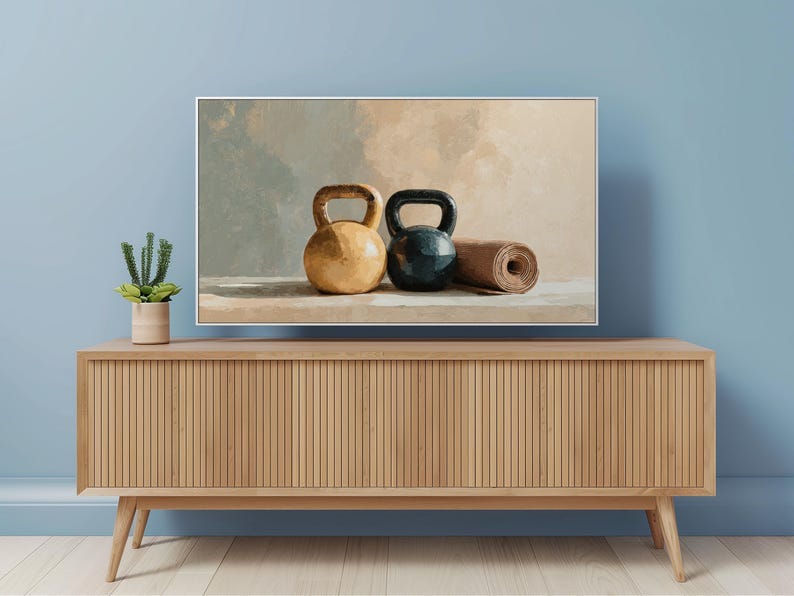 Rustic Still Life Kettlebell Art for Frame TV, Earthy Workout Wall Decor, Vintage Gym Art, Fitness Room TV Art, Digital Download 75 image 4
