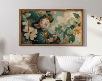 Arte vintage de duende, arte para TV con marco de retrato, decoración de pared caprichosa del Día de San Patricio, arte de trébol para Samsung TV, arte digital irlandés 121