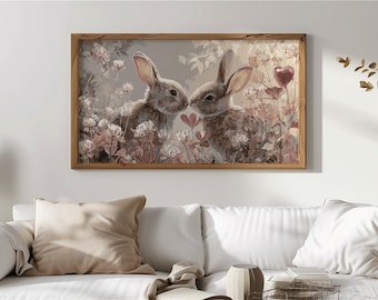 Cuadro rústico de conejos para TV, cuadro de conejito para TV, decoración primaveral con trébol, arte de pared pastoral, impresión vintage estilo cottagecore 156