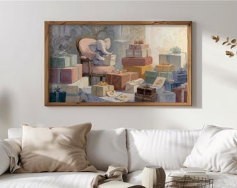 Decoración navideña para mesa de regalo, marco para TV Samsung, decoración navideña de elefante de peluche, pintura con regalos envueltos, descarga digital festiva 93