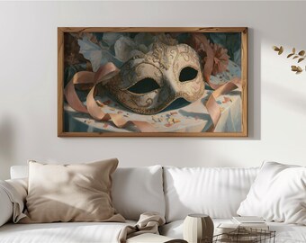 Marco de máscara de mascarada vintage para TV, decoración de pared con máscara ornamentada, impresión digital romántica de marco de estilo antiguo para TV, arte elegante, descarga 85