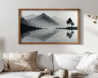 Arte minimalista japonés para marco de TV, tinta serena para marco de TV, vista de montaña sumi-e neutra, decoración de pared zen, descarga digital 445