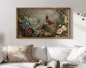 Marco rústico de corona de cardenal y piña para TV, cuadro de tocón musgoso, decoración de pared natural estilo cottagecore, descarga digital de otoño 116