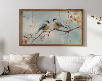 Vintage Bird Painting Frame TV Art, Two Birds on Branch Art for TV, Autumn Decor, Rustic Wall Art, Cottagecore Nature Digital Download 72