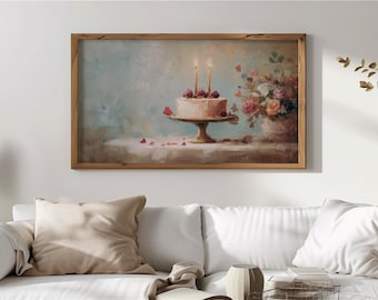Pintura rústica de pastel para marco de TV, decoración floral vintage para pared de cumpleaños, arte de pastel estilo cottagecore para TV, impresión de arte digital, descarga 128