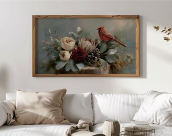 Corona rústica de piñas y pájaro cardenal para Samsung, arte para TV con marco, pintura floral con musgo, decoración de pared estilo cottagecore, descarga digital 117