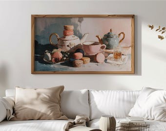 Cuadro de juego de té vintage para TV, decoración de macarrones y té, bodegón elegante para TV, decoración rústica de pared, descarga digital 94