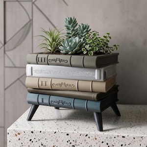 Book Stack Planter with Stand "Orven 5" — 3D Printed Modern Literary Decor