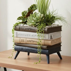 May include: A planter in the shape of stacked books, filled with green plants and small white stones. The books are various shades of brown, beige, and grey, and rest on a dark blue base with short legs. The planter is a decorative item.