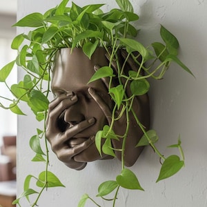May include: A bronze-coloured wall planter in the shape of a human face, with hands covering the eyes and mouth. The planter is filled with green leafy plants, creating a unique decorative piece for indoor or outdoor spaces.