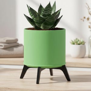 May include: A green cylindrical planter with a ridged texture, holding a snake plant. The planter sits on a black, three-legged stand. The snake plant has dark green, striped leaves. The planter is a vibrant accent piece for home decor.