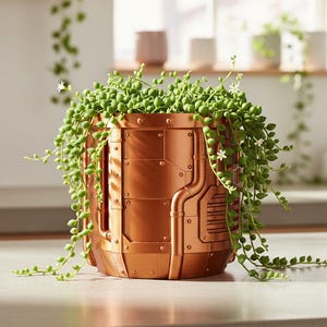 May include: A copper-coloured, cylindrical planter with a geometric design, filled with a trailing succulent plant. The planter has a riveted, industrial aesthetic. The plant's green, bead-like leaves cascade over the sides.