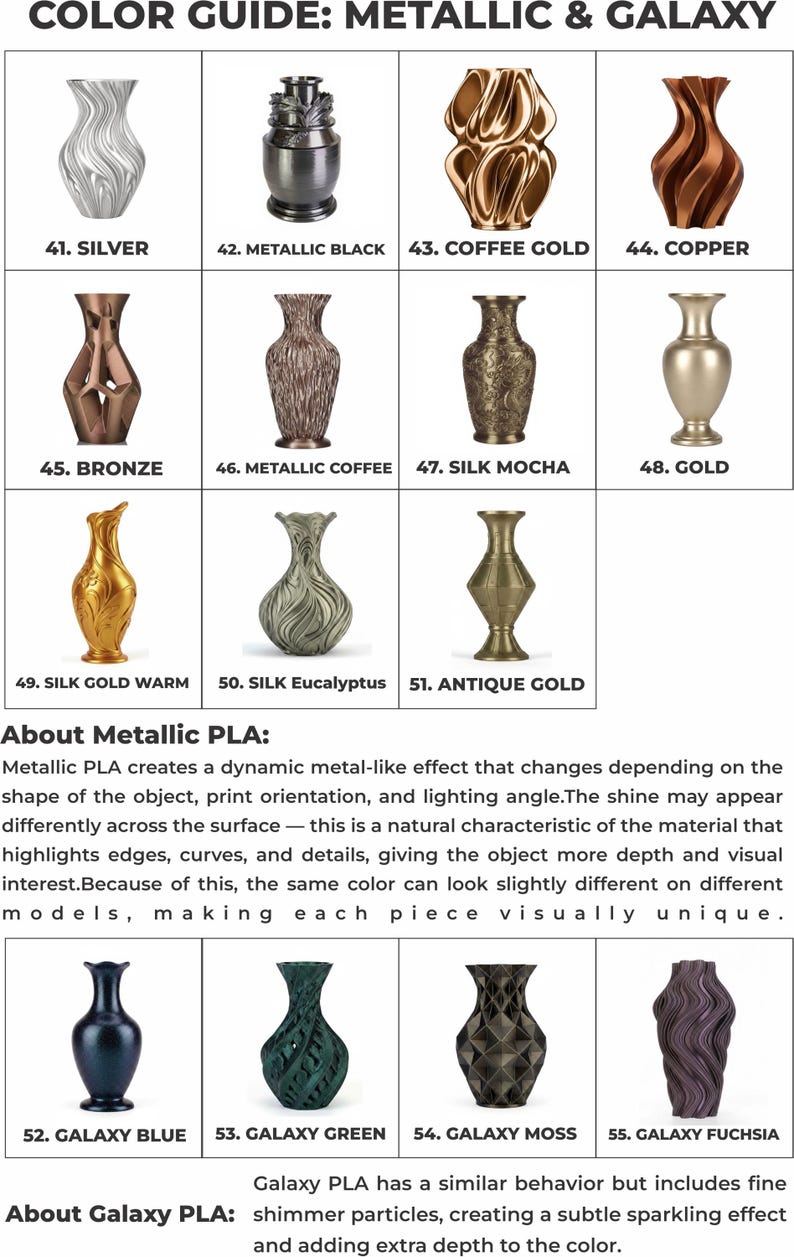 K&ouml;nnte beinhalten: Eine Farbtafel mit f&uuml;nfzehn verschiedenen Vasen in Metallic- und Galaxy-Ausf&uuml;hrungen, nummeriert von 41 bis 55. Das Raster enth&auml;lt Silber-, Schwarz-, Gold-, Kupfer-, Bronze-, Blau-, Gr&uuml;n-, Moos- und Fuchsia-T&ouml;ne mit Text &uuml;ber PLA.