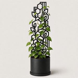 May include: A black metal plant trellis with a geometric honeycomb and leaf pattern, supporting a green vining plant in a matching black cylindrical pot. The structure features vertical lines and hexagonal shapes that provide support for climbing foliage.