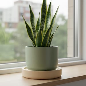 May include: A potted snake plant with green and yellow striped leaves sits in a light green ceramic pot. The pot rests on a round, light-colored wooden plant saucer. The plant is positioned in front of a window.