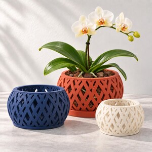 May include: Three round plant pots featuring a lattice-style cutout pattern. One large terracotta pot contains a white orchid with green leaves. Two smaller empty pots are included: one in a deep navy blue and one in a creamy off-white color.