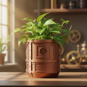 May include: A copper-coloured, steampunk-style planter filled with vibrant green leafy plants. The planter has a cylindrical shape with riveted metal bands and a circular vent detail. The plant pot sits on a wooden surface.
