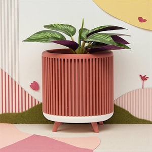 May include: A cylindrical terracotta-colored planter featuring vertical slats along the exterior. The planter has a smooth white base and is supported by three short, matching terracotta-colored legs. A green and purple leafy plant sits inside.