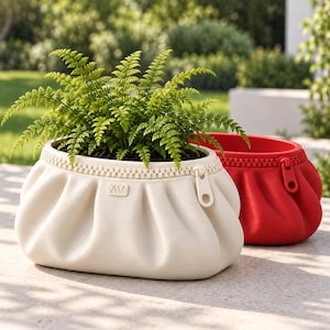 May include: A cream-colored planter shaped like a gathered pouch with a zipper detail and the letters AV embossed on the front, containing a green fern. A second, identical planter in red sits partially behind it on a stone surface.