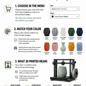 K&ouml;nnte beinhalten: Eine Infografik mit dem Titel CHOOSE YOUR SIZE & COLOR zum 3D-Druck. Sie zeigt Dropdown-Men&uuml;s f&uuml;r Gr&ouml;&szlig;e und Farbe, eine Farbpalette mit zehn matten T&ouml;nen und einen 3D-Drucker, der eine spiralf&ouml;rmige Vase druckt. Text erl&auml;utert den Prozess.