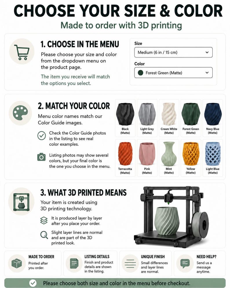 K&ouml;nnte beinhalten: Eine Infografik mit dem Titel CHOOSE YOUR SIZE & COLOR zum 3D-Druck. Sie zeigt Dropdown-Men&uuml;s f&uuml;r Gr&ouml;&szlig;e und Farbe, eine Farbpalette mit zehn matten T&ouml;nen und einen 3D-Drucker, der eine spiralf&ouml;rmige Vase druckt. Text erl&auml;utert den Prozess.