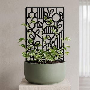 May include: A matte black rectangular plant trellis with a geometric and botanical cutout pattern, featuring hexagonal, circular, and linear motifs. The trellis is inserted into a round, sage green ceramic planter containing a trailing pothos plant.