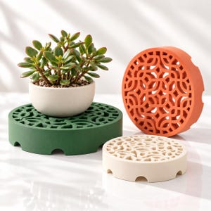 May include: A small succulent plant in a white ceramic pot sits atop a dark green circular coaster with a geometric cutout pattern. Beside it are two additional circular coasters, one in bright orange and one in off-white, both featuring the same intricate lattice design.