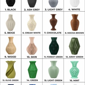 K&ouml;nnte beinhalten: Eine Farbtafel mit dem Titel COLOR GUIDE: MATTE zeigt zwanzig nummerierte Vasen in verschiedenen Formen und matten Farben, darunter Schwarz, Aschgrau, Hellgrau, Wei&szlig;, Beige, Cremewei&szlig;, Schokolade, Mokkabraun, Holz, Hautfarben, Waldgr&uuml;n, Armeegr&uuml;n, Olivgr&uuml;n, Gr&uuml;n, Hellgr&uuml;n, Minze, Marineblau, Blau, Hellblau und Graublau.