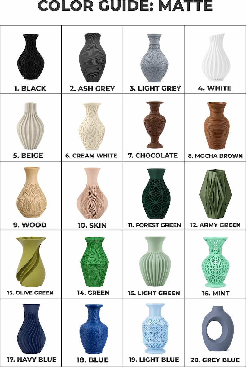 K&ouml;nnte beinhalten: Eine Farbtafel mit dem Titel COLOR GUIDE: MATTE zeigt zwanzig nummerierte Vasen in verschiedenen Formen und matten Farben, darunter Schwarz, Aschgrau, Hellgrau, Wei&szlig;, Beige, Cremewei&szlig;, Schokolade, Mokkabraun, Holz, Hautfarben, Waldgr&uuml;n, Armeegr&uuml;n, Olivgr&uuml;n, Gr&uuml;n, Hellgr&uuml;n, Minze, Marineblau, Blau, Hellblau und Graublau.
