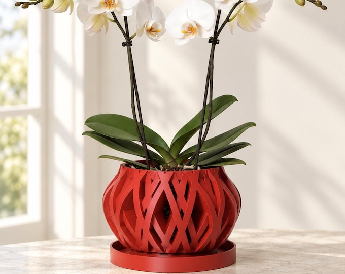 Orchid Pot with Holes, Rounded Lattice Planter, Optional Tray | Rimo