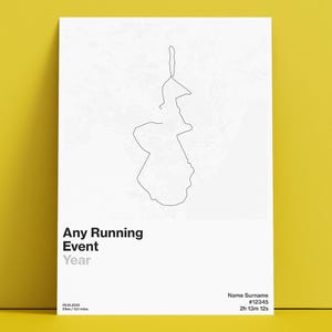 May include: A white poster featuring a black line drawing of a running route. The poster includes the text "Any Running Event Year". Additional text reads "05.10.2025 2km / 2.1 km" and "Name Surname #12345 2h 13m 12s".