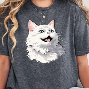 Happy White Cat T-Shirt , Cat tshirt , Cute Smiling Kitty Tee, Fluffy Cat Lover Shirt, Playful Pet Portrait Top , Gift for her , Cat lovers