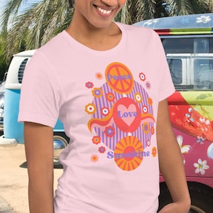Peace Love Sunshine T-Shirt, Festival Shirt, 60s Flowers Shirt, Graphic Print Shirt - Summer, Festival, Midcentury Design Lover, Gift