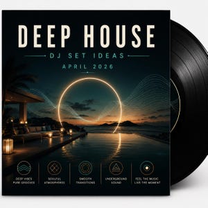 Può includere: Un disco in vinile con una copertina che promuove "DEEP HOUSE DJ SET IDEAS APRIL 2026". La copertina presenta un tramonto sull'acqua con un design circolare luminoso. Il disco è nero e lucido, con la copertina dell'album a sinistra.