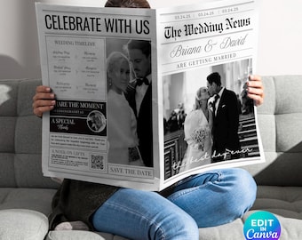 Large Newspaper Wedding Program, Canva Wedding Newspaper Template, Printable Wedding Invitation, Editable Wedding Day Custom Newspaper