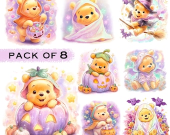 Kawaii Winnie-the-Pooh Halloween Clipart Bundle: PNG, Pastel Pumpkins