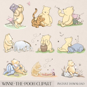 Klassieke Winnie de Poeh retro-clipart, verjaardagsversieringen babyshower, canvassjablonen, 100 hectare grote houten feestlabel