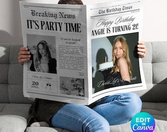 Canva Birthday Newspaper invite Template, Editable Newspaper Birthday, Large Newspaper Template, Birthday Newspaper For Photoshoot