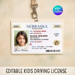gepersonaliseerd kinderrijbewijs, rekwisiet voor kinderidentificatiekaart, bewerkbare Canva-kaart, studentenkaart, ID-badge voor kinderen