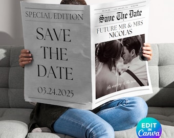 Editable Save the Date Newspaper Template - Engagement Announcement Future Mr & Mrs Canva Invitation