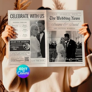 Modello di giornale di nozze con foto, modello di giornale di nozze, programma di nozze, orari per gli sposi, itinerario di giornale modificabile, matrimonio