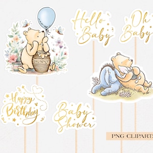 Op de afbeelding: Set van Winnie de Poeh thema PNG clipart afbeeldingen. Bevat illustraties van Winnie de Poeh met een honingpot en ballon, en Winnie met Iejoor. Bevat ook gouden tekst met de tekst "Hello Baby", "Oh Baby", "Happy Birthday" en "Baby Shower".